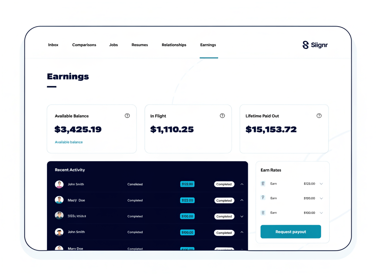 Signr earnings ledger showing earn rates, activity entries, and current balance.