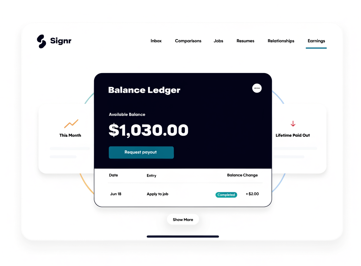 Signr earnings ledger showing dated activity entries and balance changes.