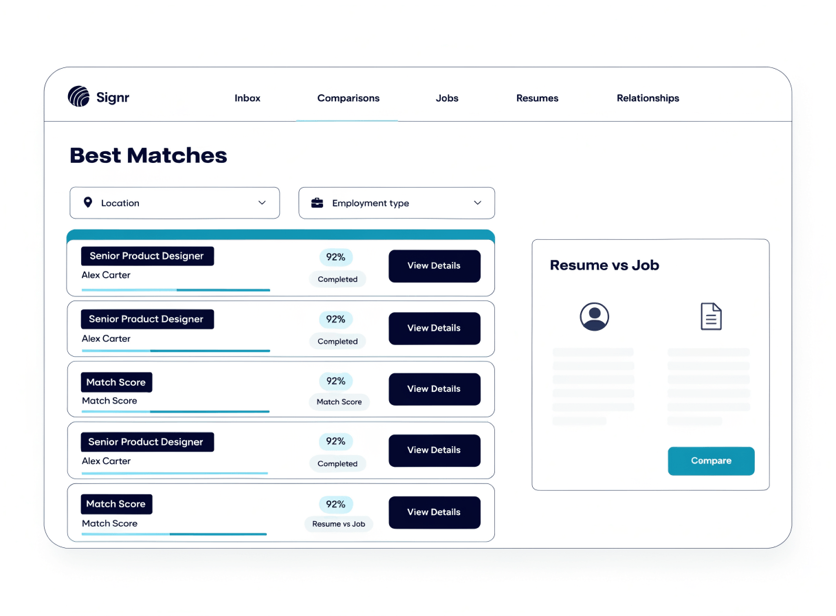 Signr dashboard showing ranked job matches with score details.