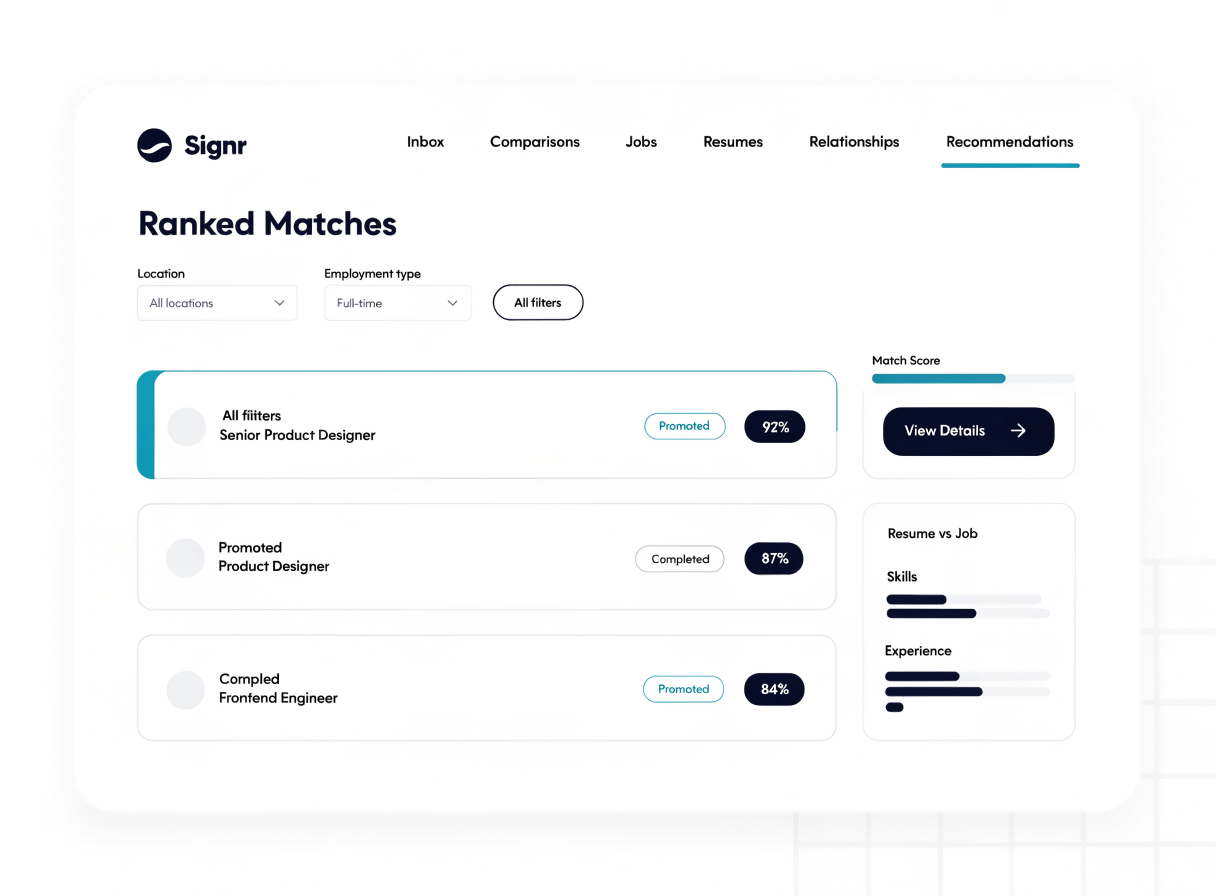 Signr recommendations screen showing ranked matches with fit scores and score details.