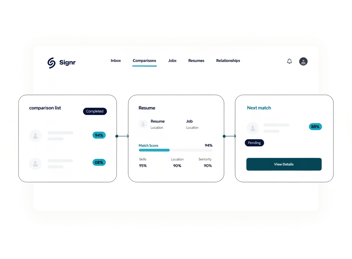 Signr recommendations flow showing top matches, score details, and the next ranked match to review.