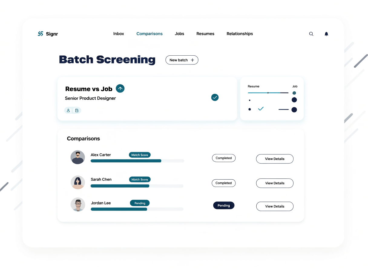 Batch screening dashboard showing resumes compared against one job with match details.
