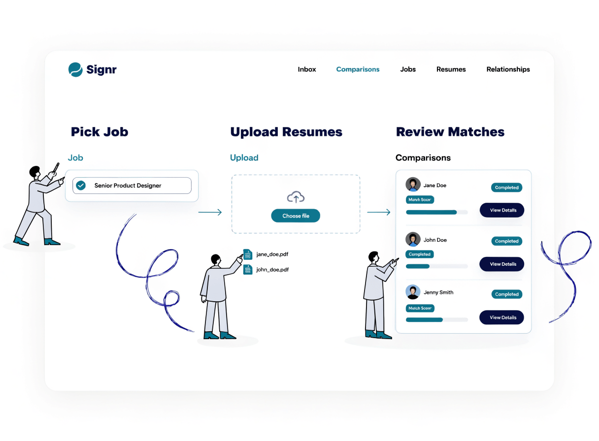 Batch screening workflow showing job selection, resume uploads, and a resulting match list.