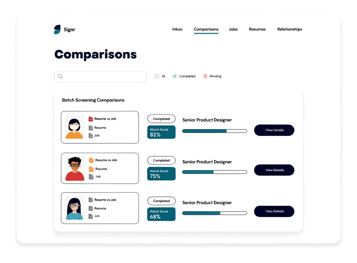 Batch screening view comparing multiple resumes against the same job criteria.