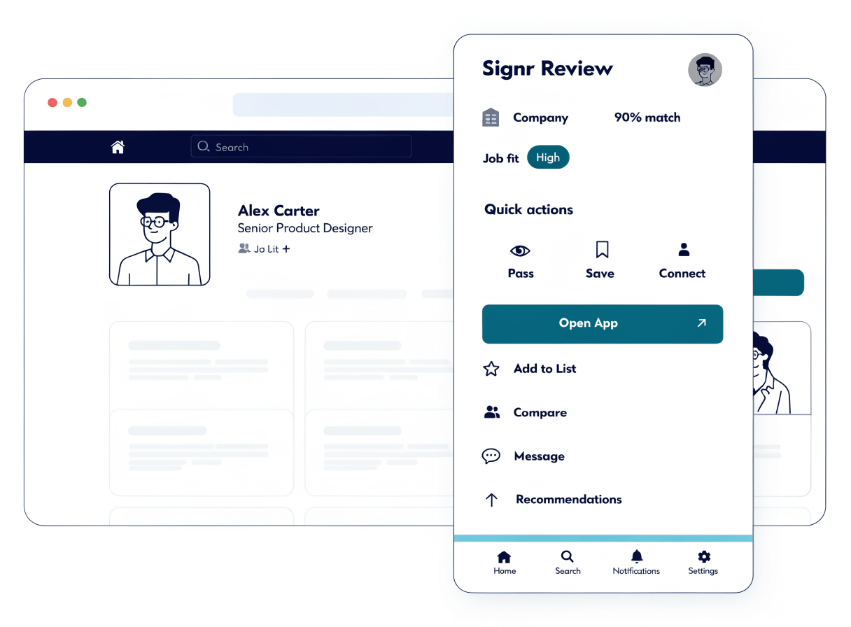 Signr browser extension overlay showing profile context and quick review actions on a professional page.
