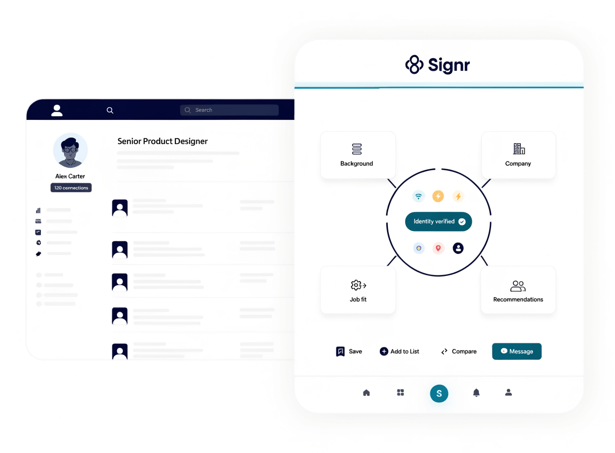 Signr browser extension overlay showing trust details, job context, and actions beside a professional profile.