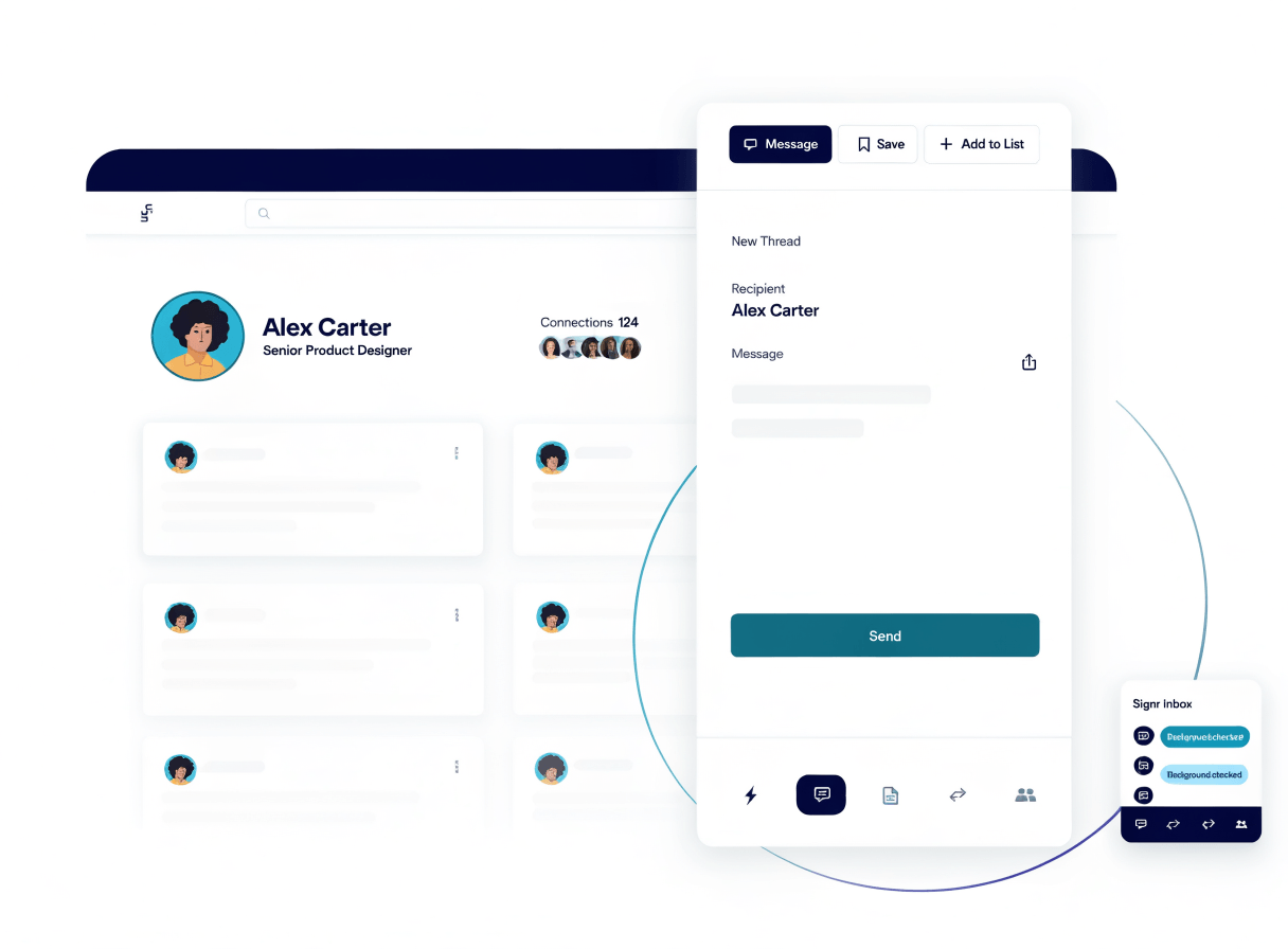 Signr message composer opened from a profile and connected to the inbox
