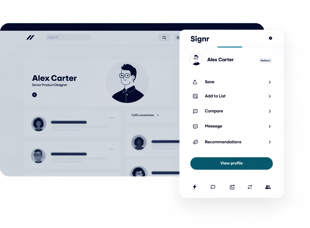 Signr browser extension overlay showing profile, company, and job context on a professional page