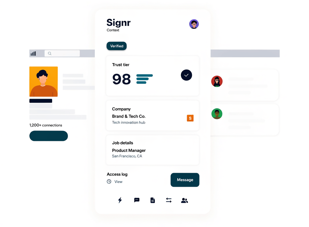 Signr extension overlay showing verified profile, company, and job context beside a professional page