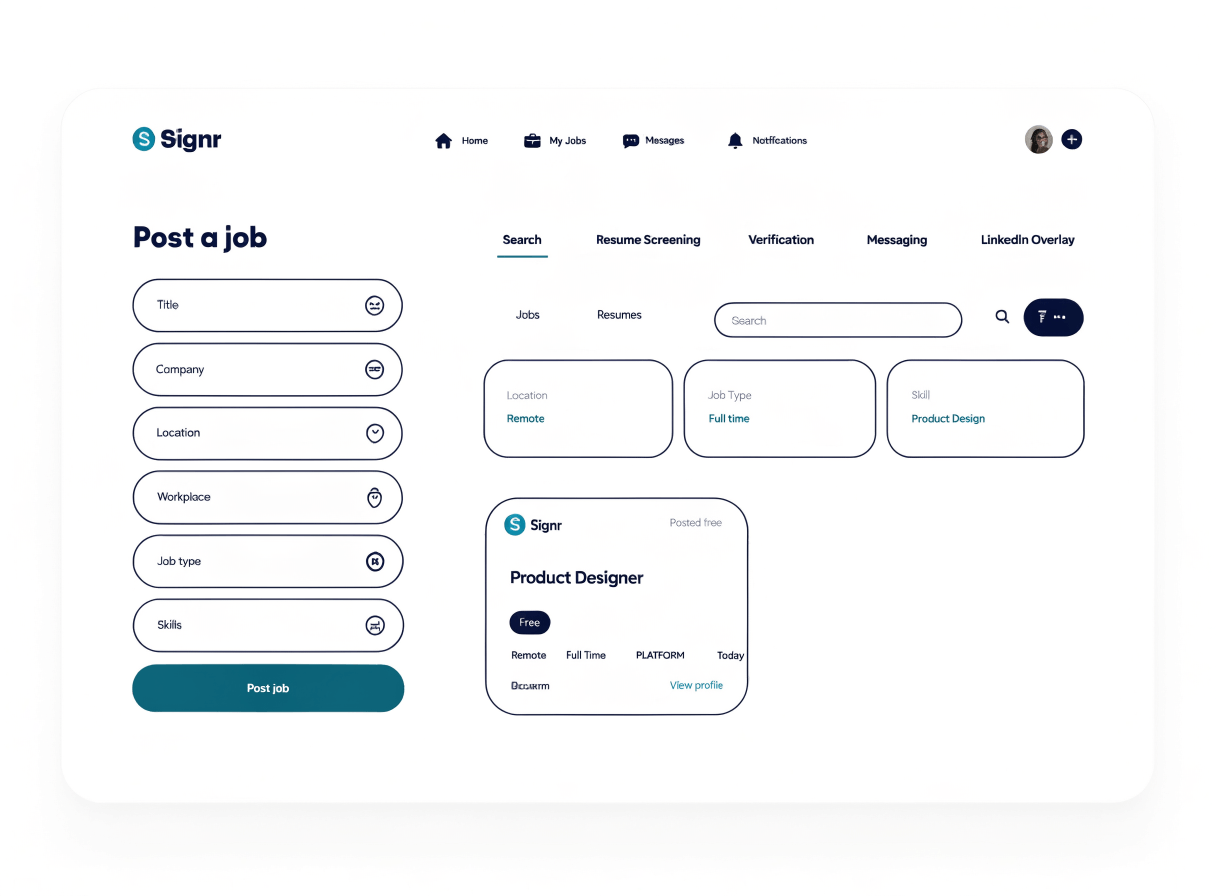 Signr job posting form and public search results showing a free listing.