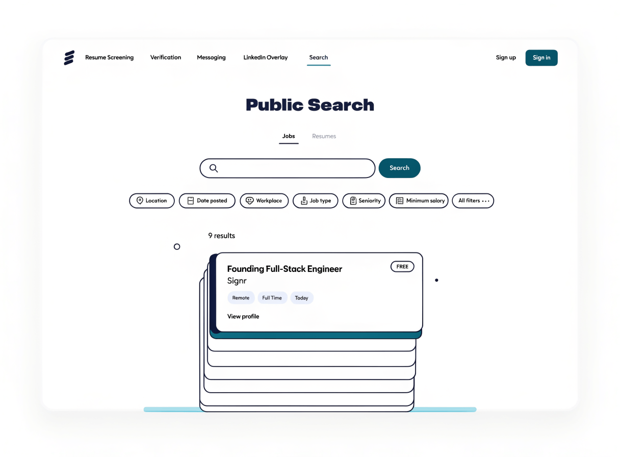 Signr public search results showing a free job listing surfaced prominently.