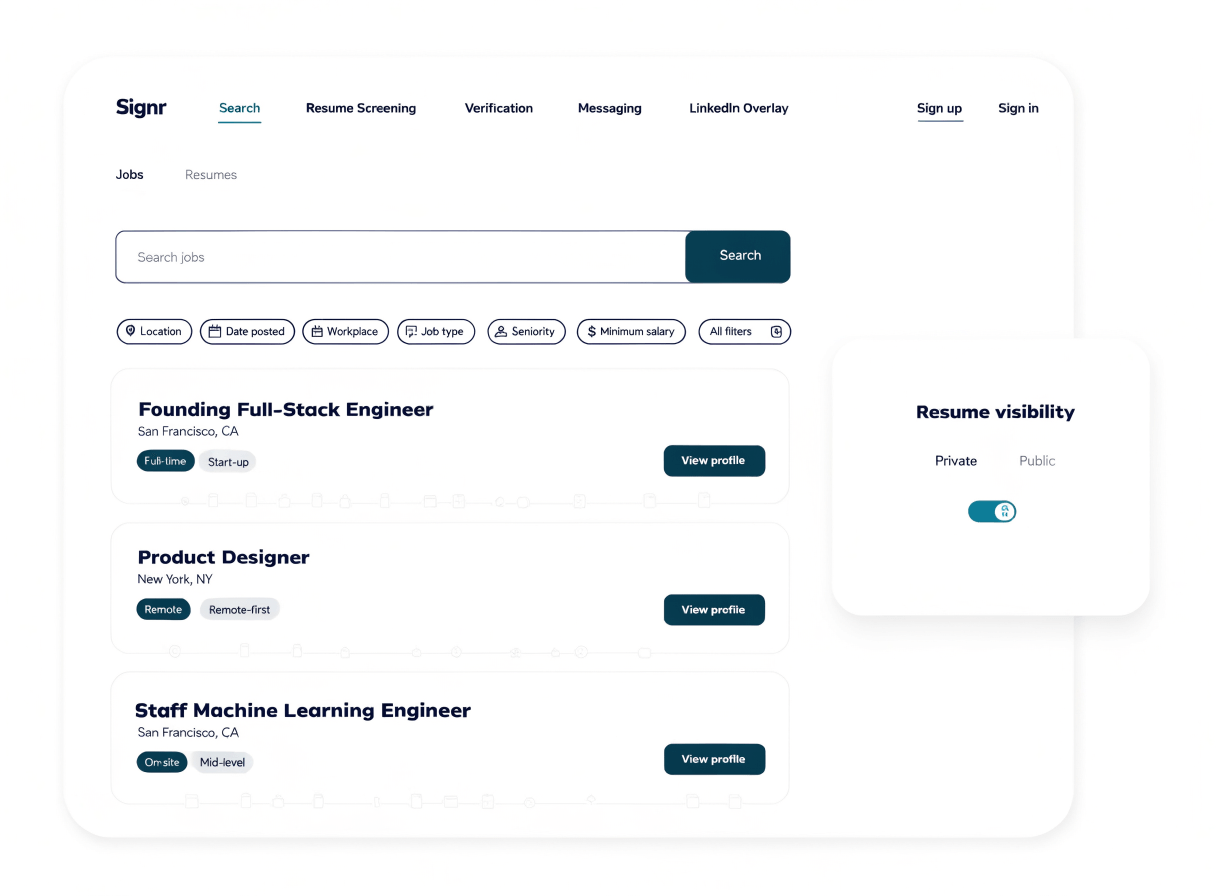 Signr public job search with resume visibility controls