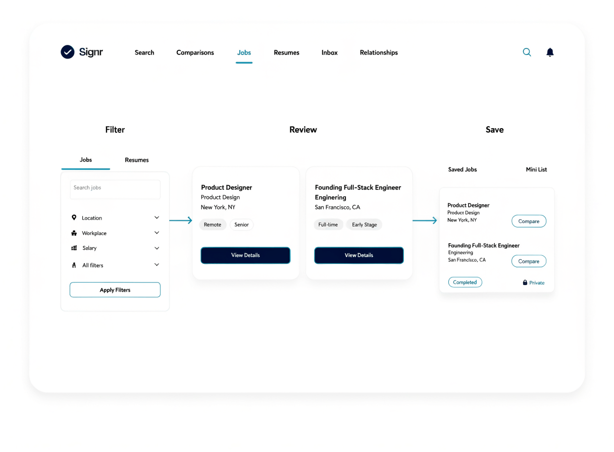 Signr public search showing job filters and saved opportunities