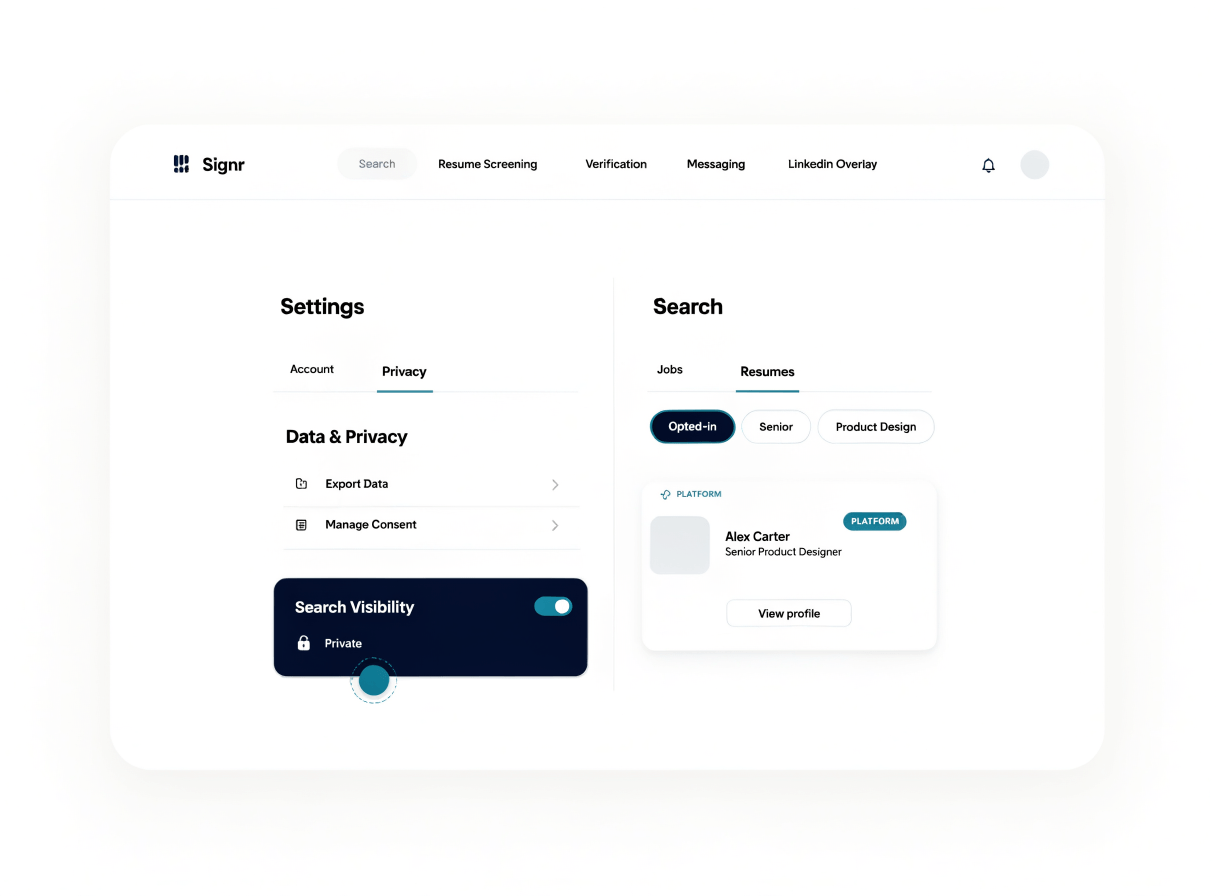 Signr profile settings showing the public search visibility toggle