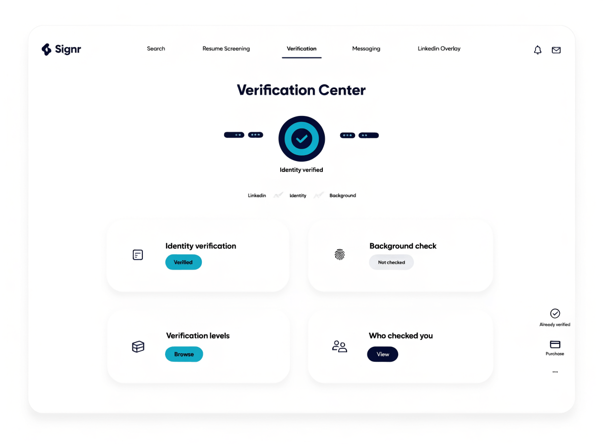 Signr profile showing a verified trust tier badge and verification details.