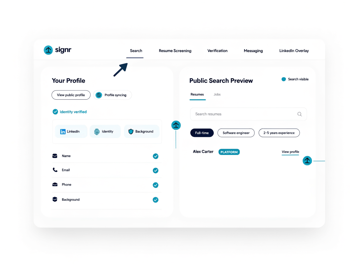 Signr published profile screen showing verified professional details and search visibility controls.