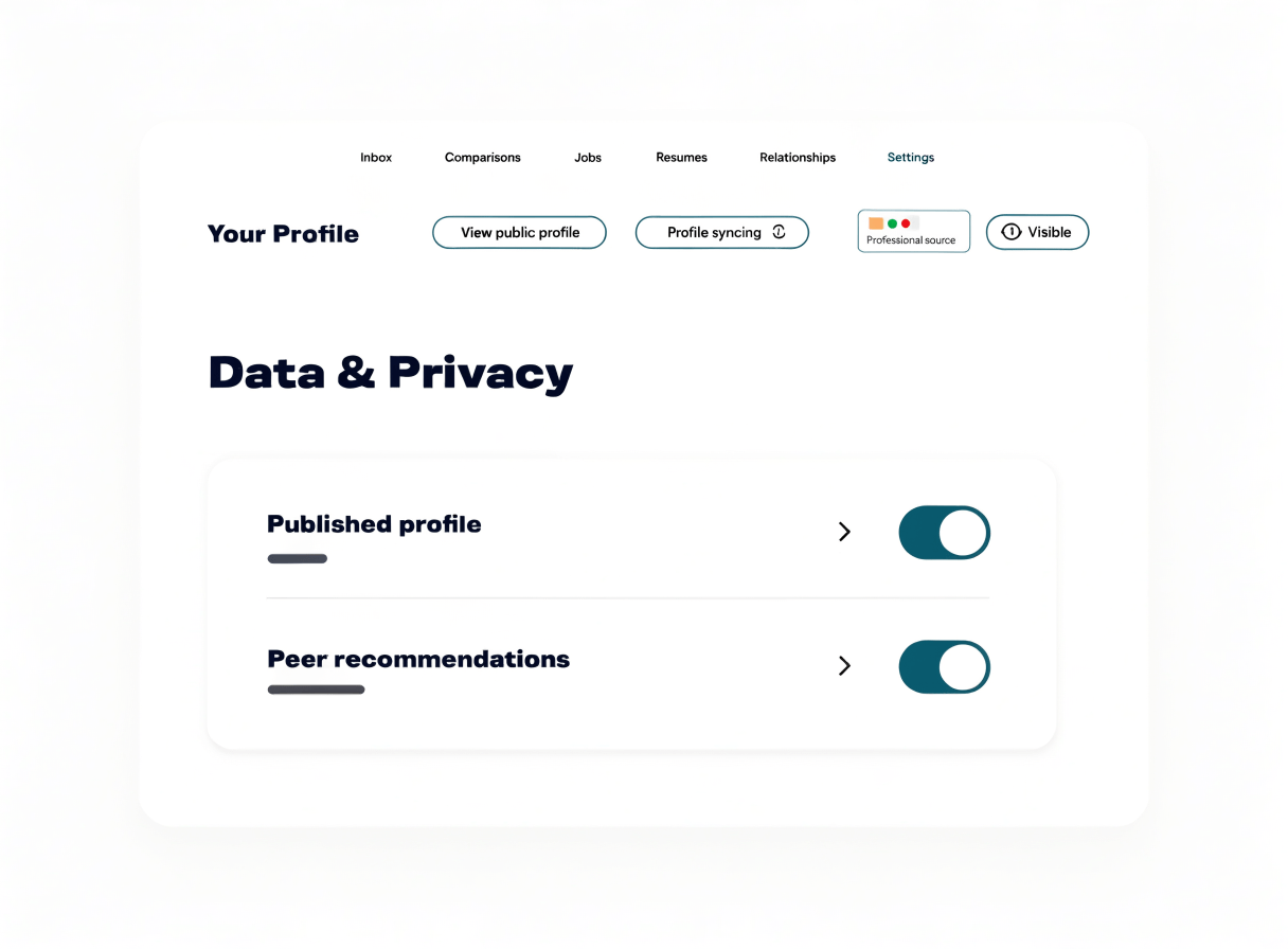 Signr profile visibility settings showing published profile controls and peer recommendation visibility options.