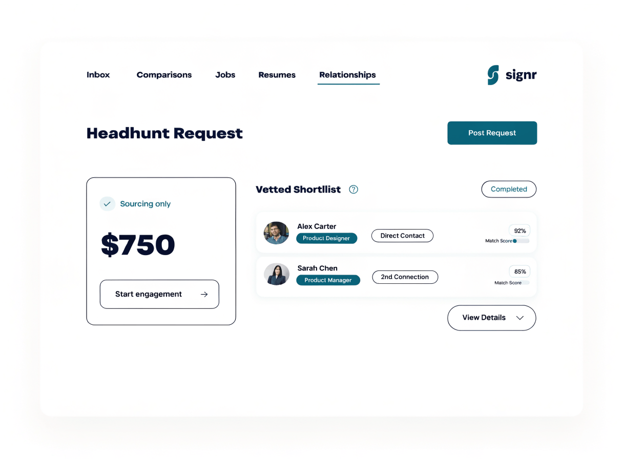 Signr headhunt request dashboard showing a vetted candidate shortlist sourced by members.