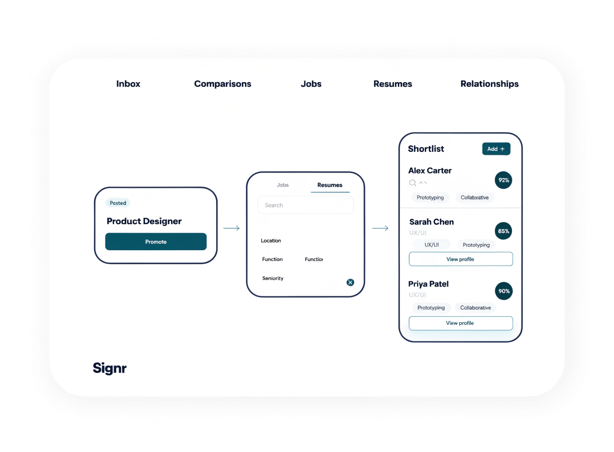 Signr headhunt workflow showing a posted request and a vetted candidate shortlist sourced by members.
