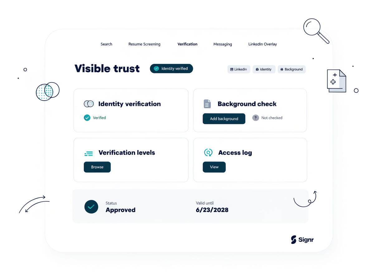 Signr profile showing professional identity verification and a visible trust tier.