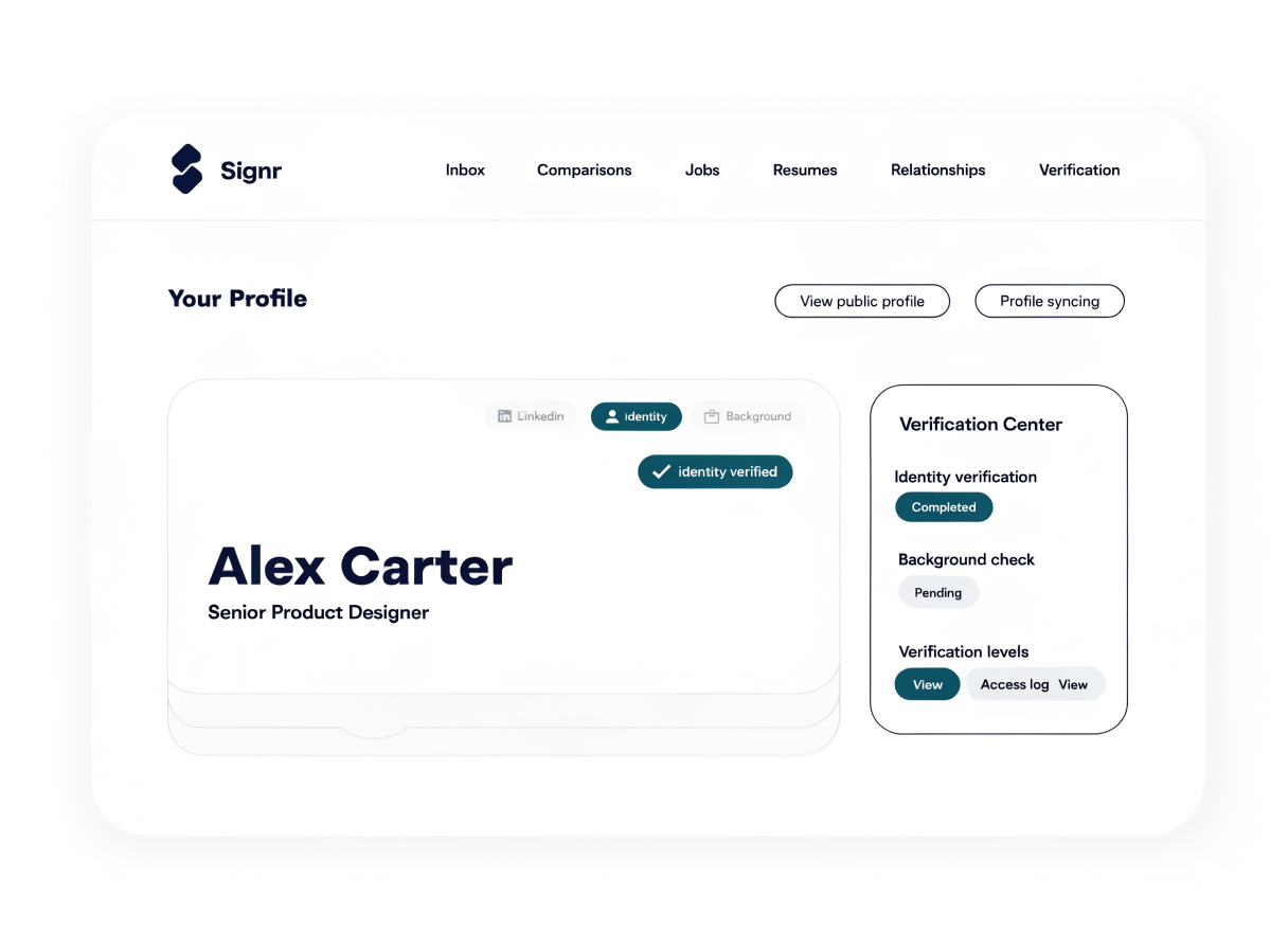 Signr profile showing a visible trust tier before contact or introduction.
