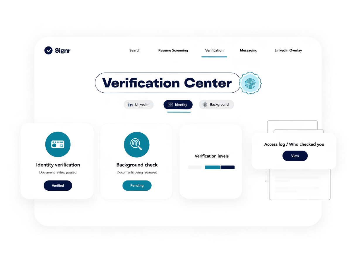 Signr verification page showing identity and background check levels with a visible trust tier badge.