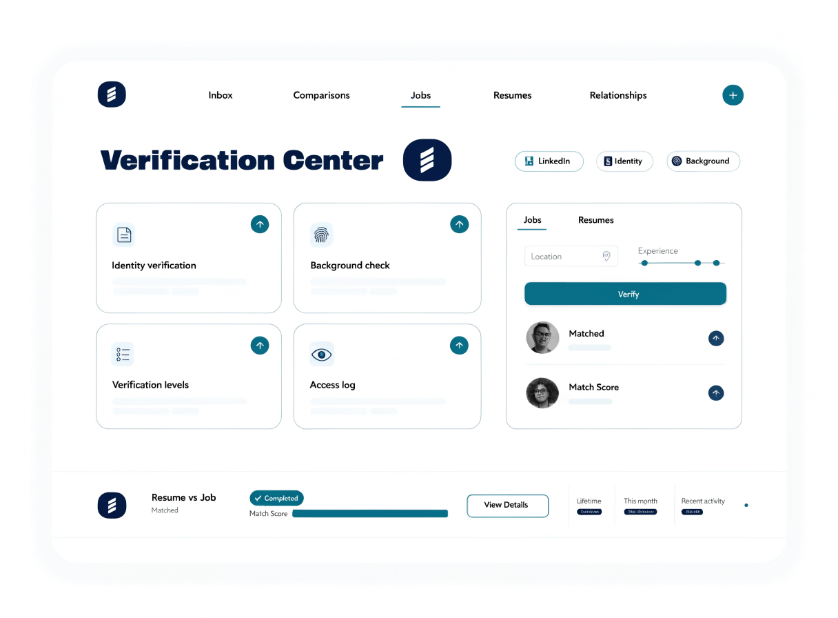 Signr dashboard showing verification status, search, match proof, messaging, and earnings.