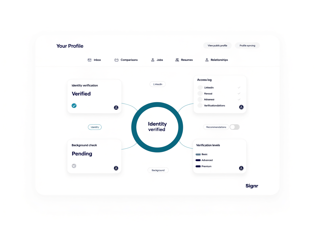 Signr profile showing a verified trust tier, background check status, and recommendation visibility controls.