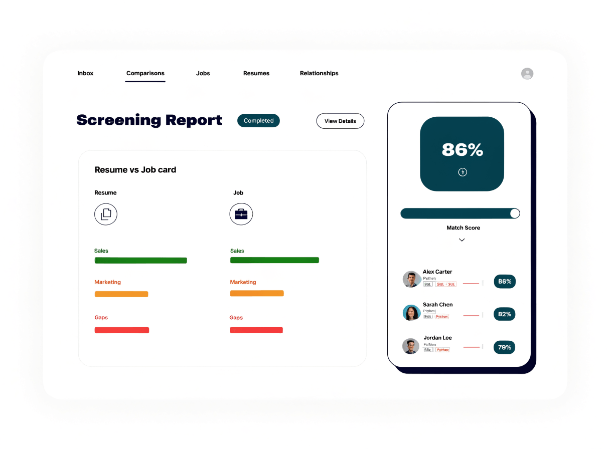 Signr screening report showing match scores, matched skills, gaps, ranked recommendations, and batch resume results.