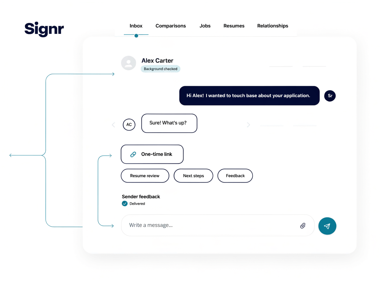 Signr secure message thread showing a one-time reply link, quick replies, and sender feedback.