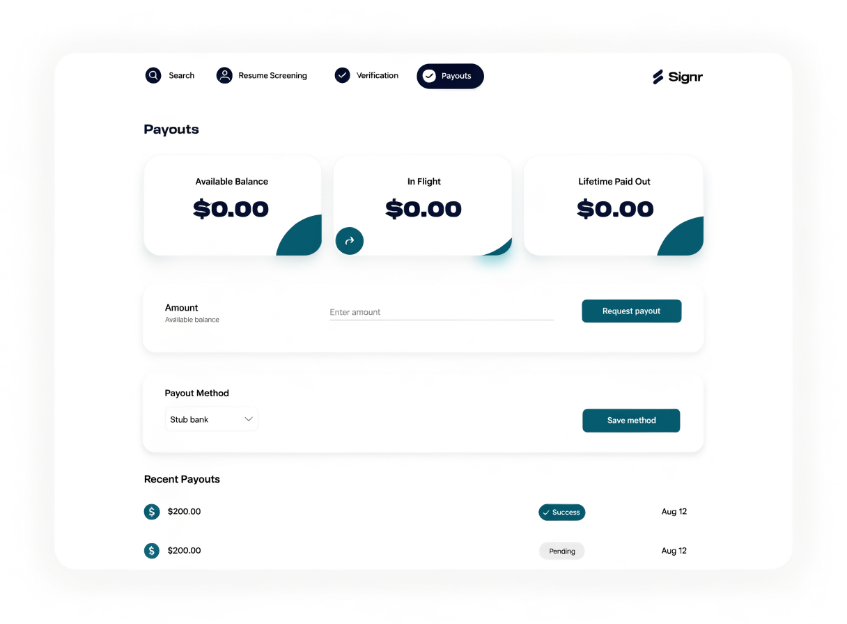Signr payout request screen showing earned balance and payout method.