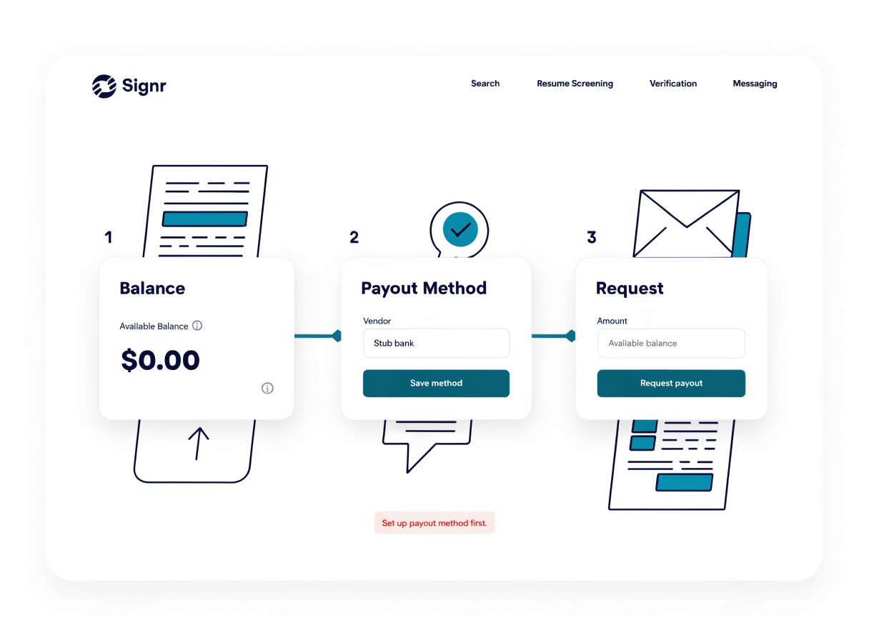 Signr payout flow showing payout method, earned balance, and transfer request.