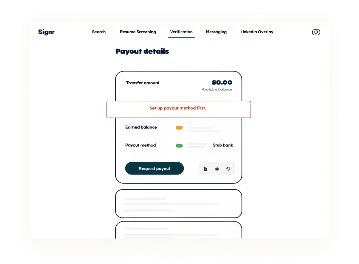 Signr payout details screen showing earned balance, payout method, and transfer amount.