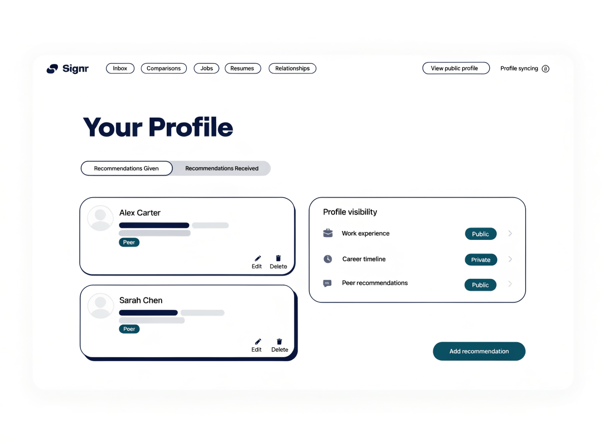 Signr profile showing peer recommendation visibility controls