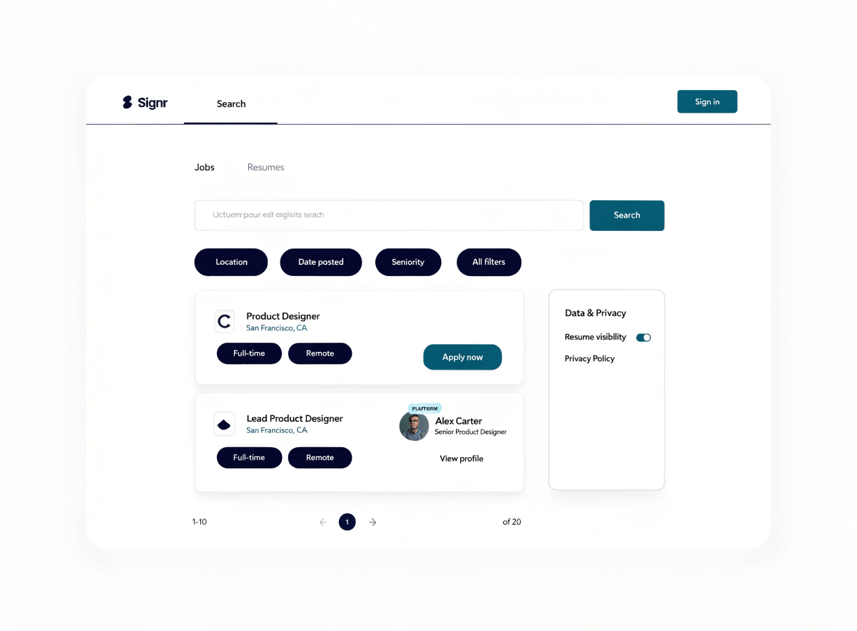 Signr public search showing job listings and visible resume profiles with privacy controls.