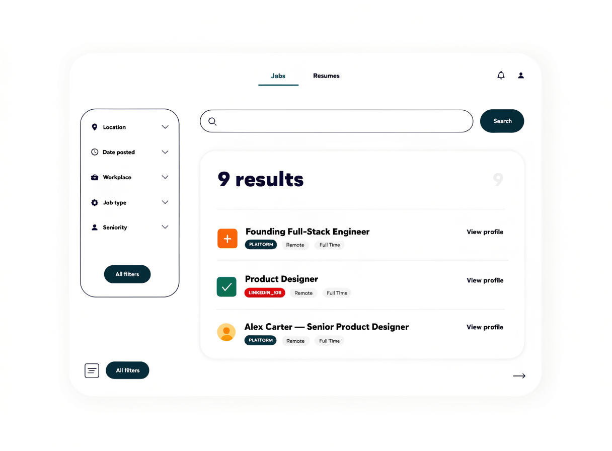 Signr public search results with filters for jobs and visible resume profiles.