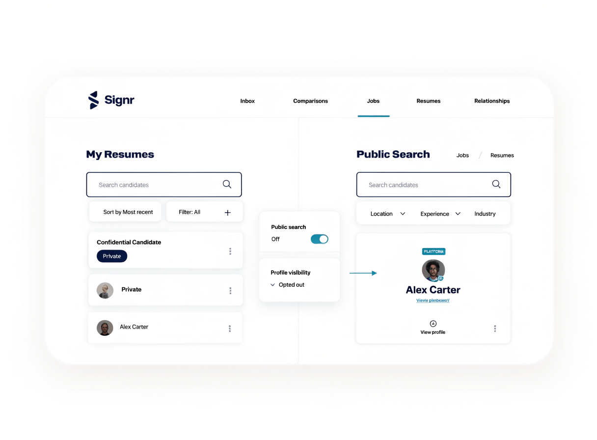 Signr visibility settings showing public search controls for resumes and profiles.