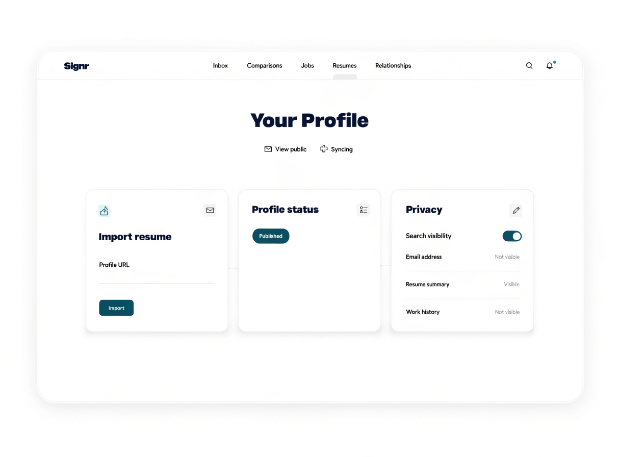 Signr published profile settings showing search visibility controls.