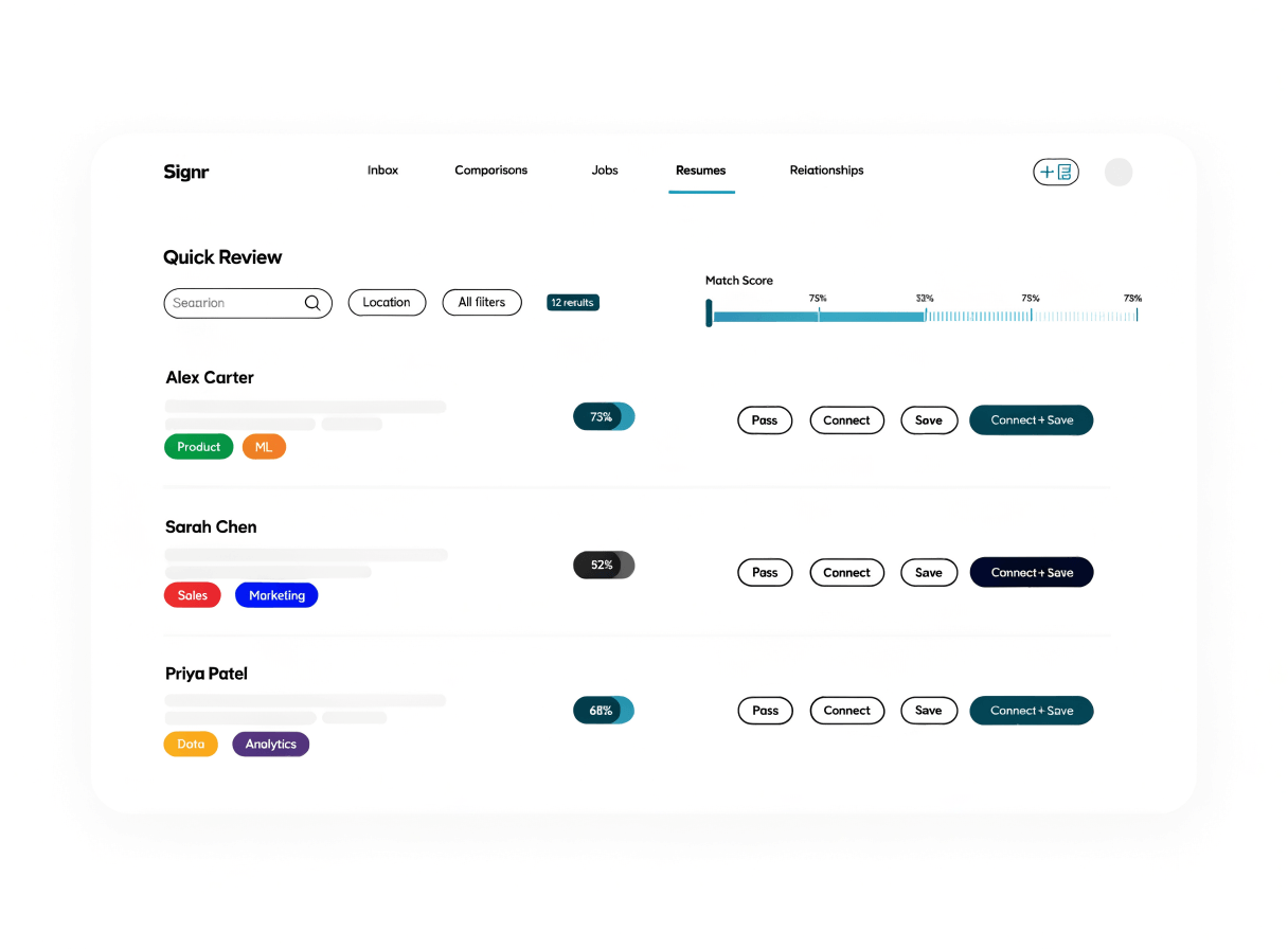 Quick Review turning search results into Pass, Connect, Save, or Connect and Save decisions.