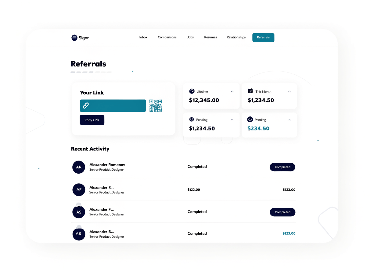 Signr referral dashboard showing a unique link, QR code, attribution, and earned commission.