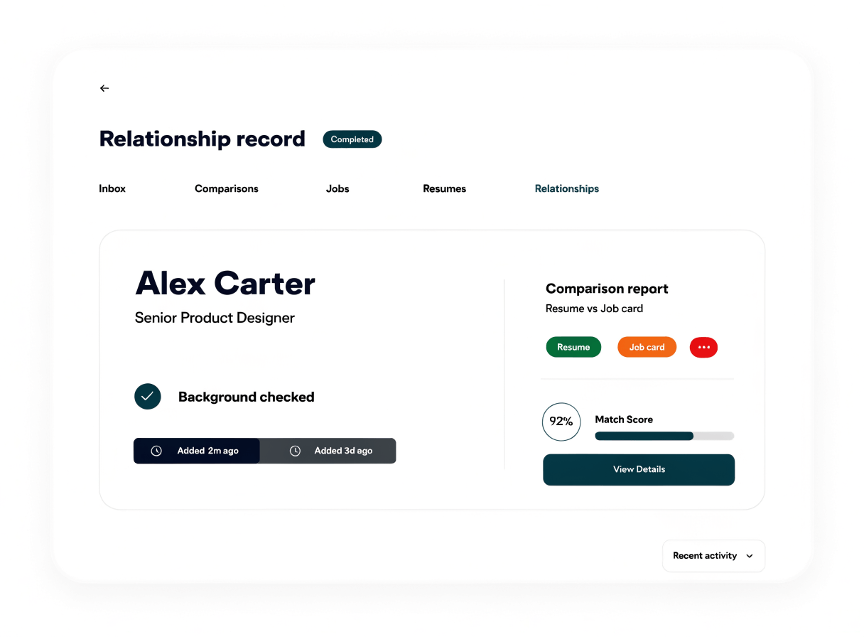 Signr relationship record showing a saved connection with its relationship report for follow-up.