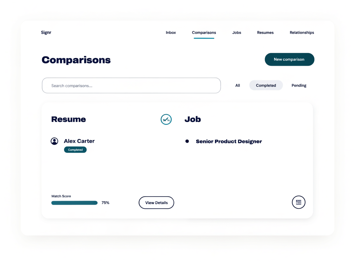 Signr resume alignment wizard showing job gaps, confirmed facts, and resume update suggestions.