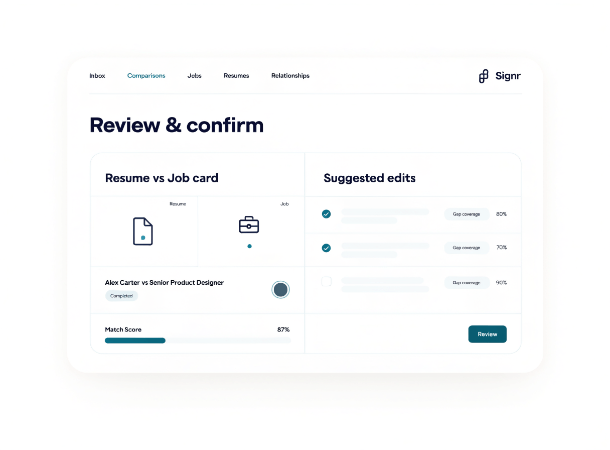 Signr final review screen showing confirmed facts, gap coverage, and suggested resume edits before export.