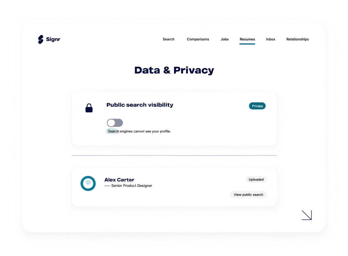 Screenshot of Signr profile settings with public search visibility turned off