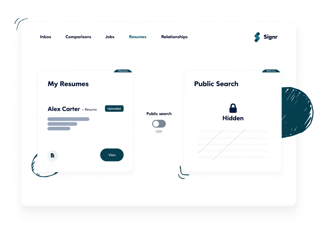 Screenshot of Signr resume settings showing public search visibility turned off