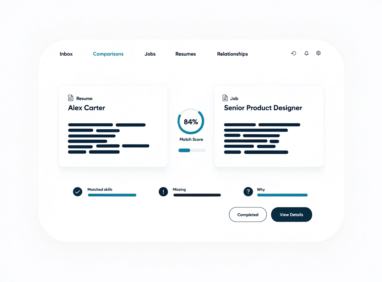 Signr comparison view showing matched skills, missing requirements, and linked source details.