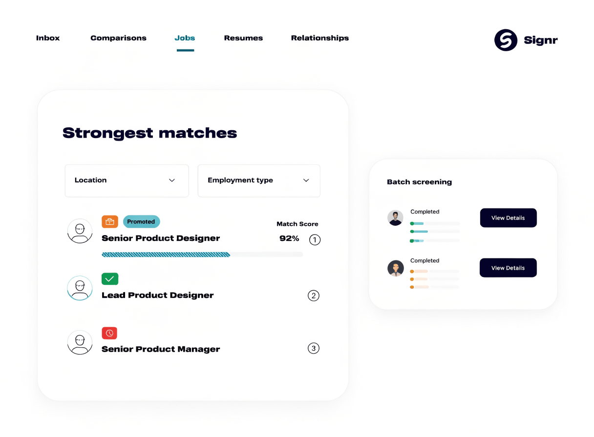 Signr ranked matches view showing fit scores, score details, and batch screening results.