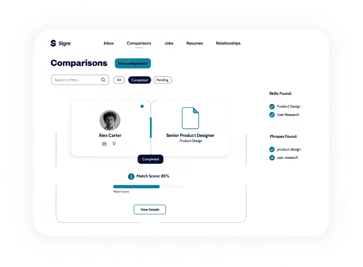Signr match report showing resume skills linked to job requirements.